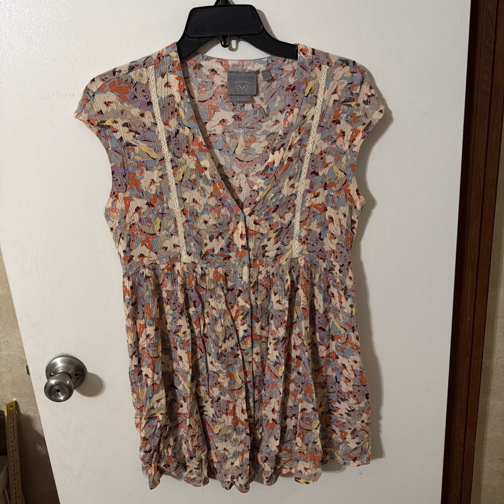 Vanessa Virginia Multicolored Floral Print Cap Sleeve Button-down Blouse Size XS